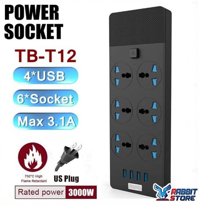 Power Socket Extension TB-T12 3.1A With 6 AC Sockets - 4 USB Ports