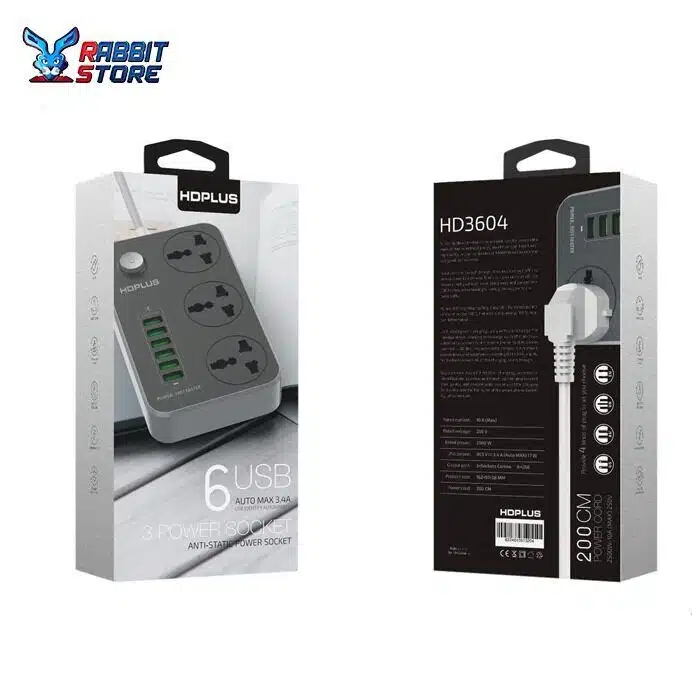 HDPLUS HD3604 Power Strip With 3 Sockets and 6 USB Ports - Black