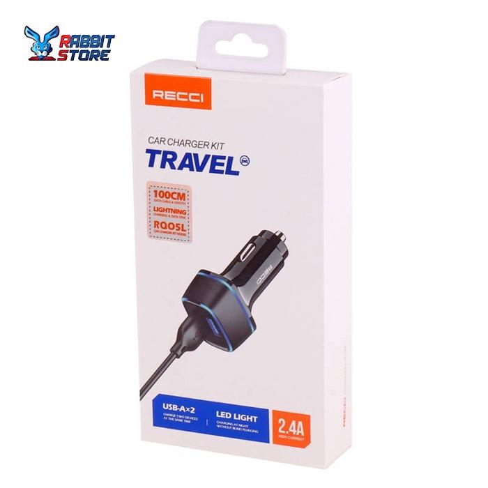 Recci Car Charger Kit Travel (RQ05L) 2.4A 12W Lightning Cable (Black)