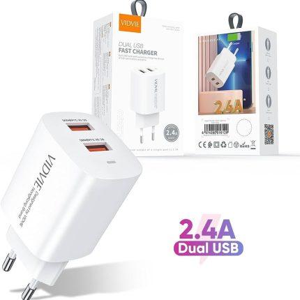 VIDVIE Dual USB Fast Charger PLE250 Lightning (White)