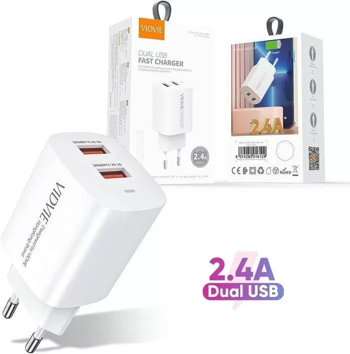 VIDVIE Dual USB Fast Charger PLE250 Lightning (White)