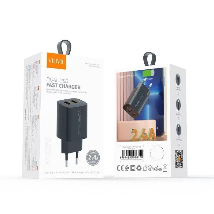 VIDVIE Dual USB Fast Charger PLE250 Type-C (Black)