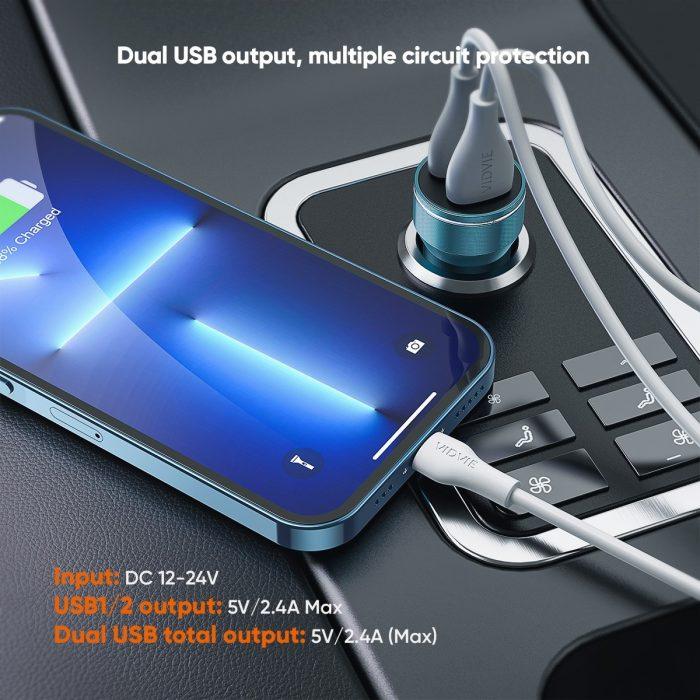 Vidvie CC528 Metal Dual USB Fast Car Charger With Cable 2.4A Output Blue 4 |