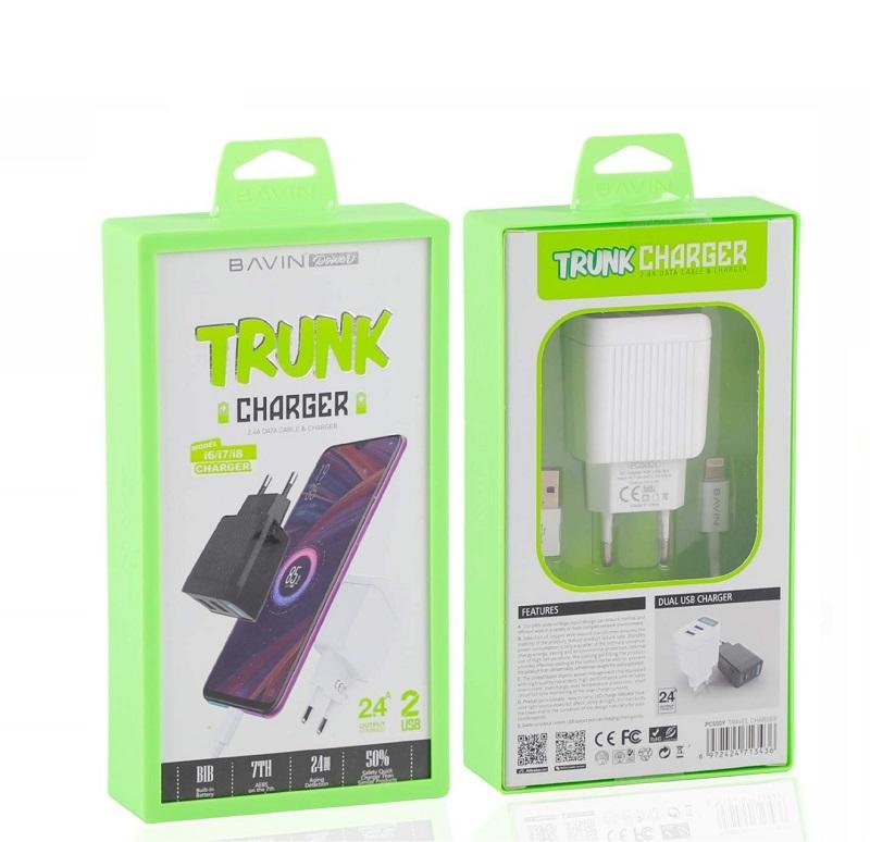 Bavin PC500Y Trunk Charger Iphone 2.4A Data Cable and Charger 2 USB - White